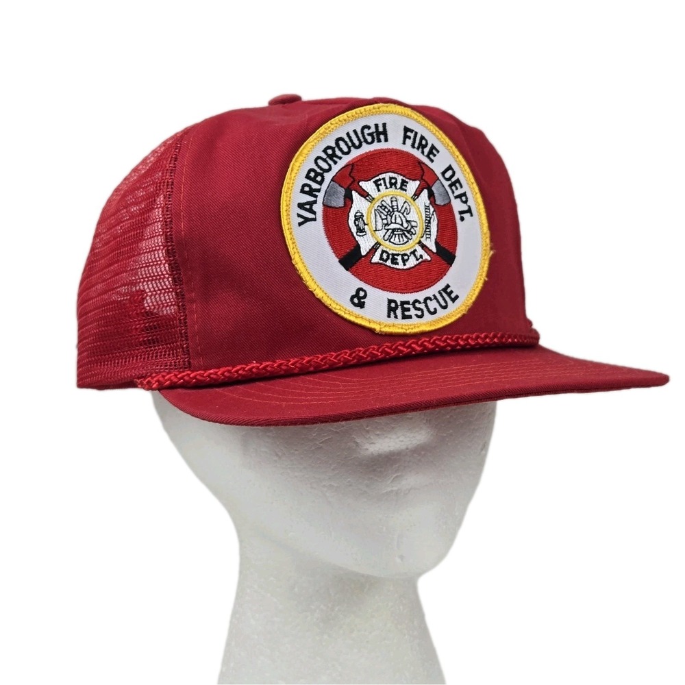 Vtg Yarborough Fire Dept & Rescue Trucker Hat w Cord, Red Vtg San Sun Snapback